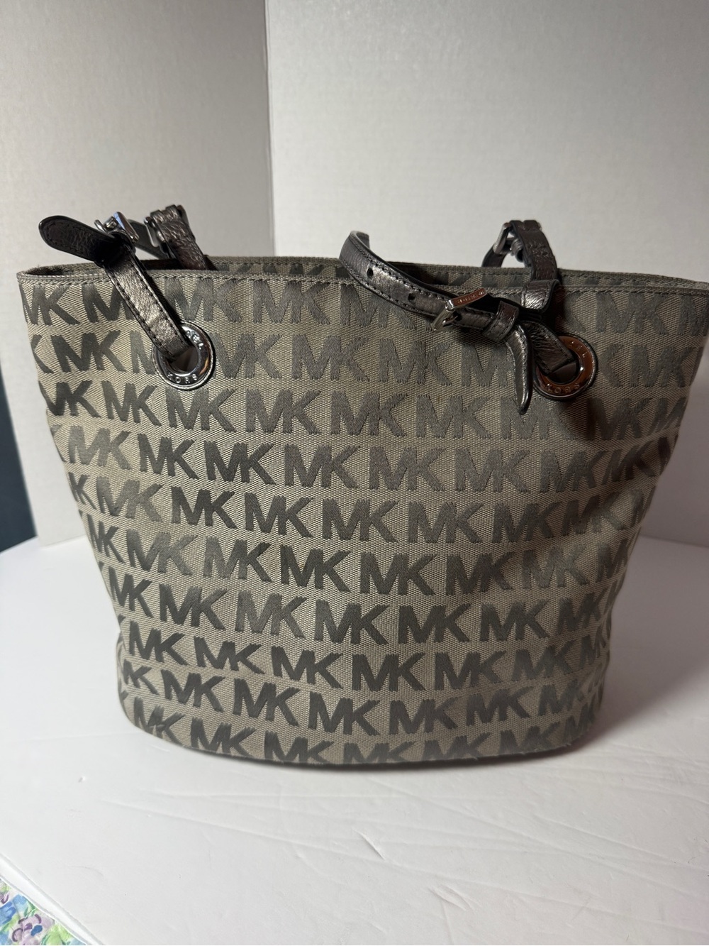 Michael Kors Taupe MK Signature Canvas Tote with Dark Taupe (metallic) Handles